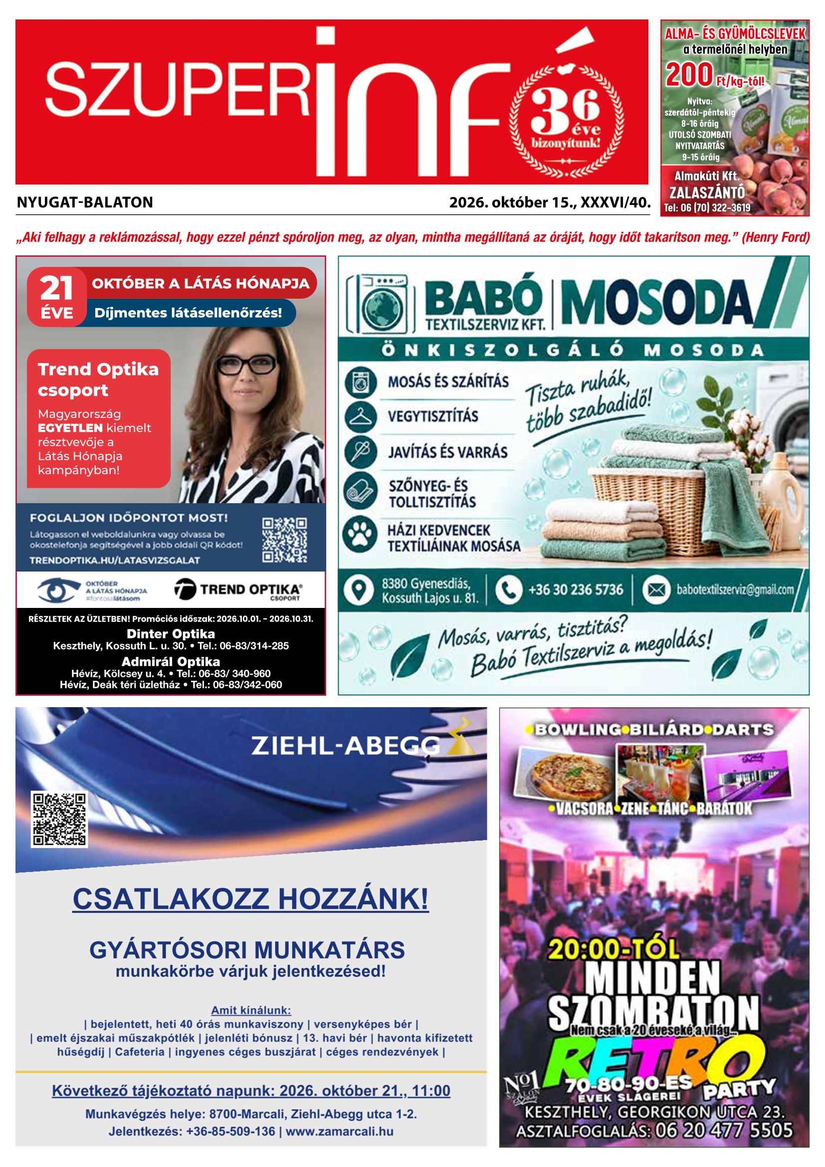 Nyugat-Balaton Szuperinfó - 2026. 10. 15.