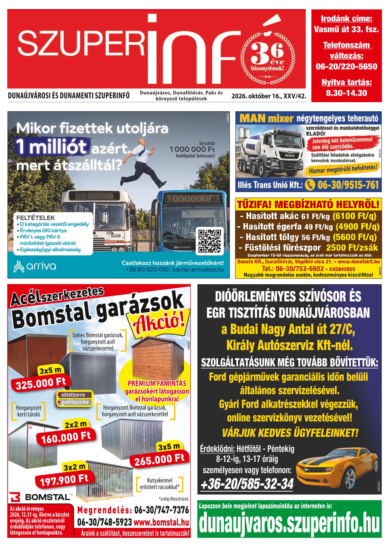 Dunaújvárosi és Dunamenti Szuperinfó - 2026. 10. 16.