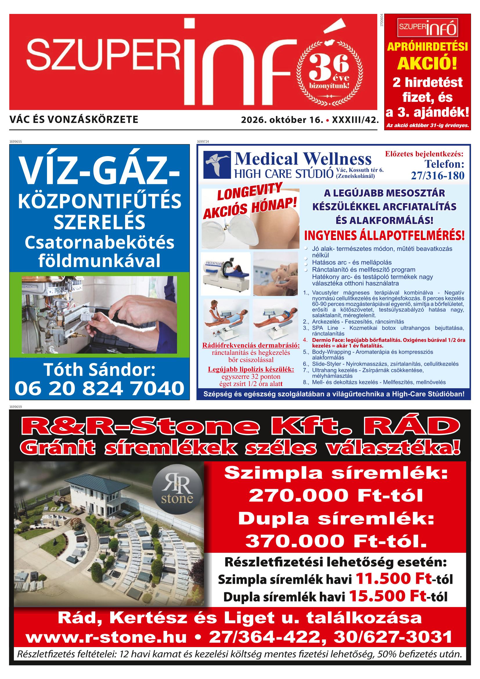 Vác és Vonzáskörzete Szuperinfó - 2026. 10. 16.