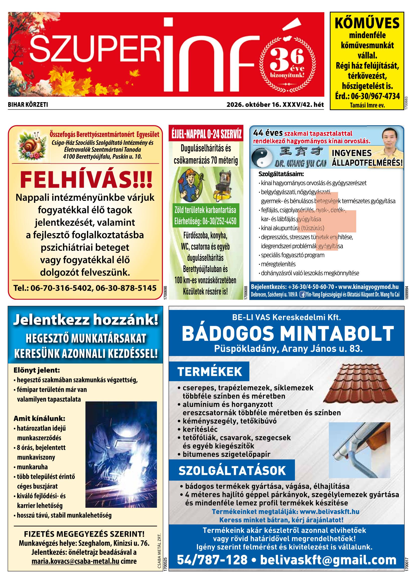 Bihar Körzeti Szuperinfó - 2026. 10. 16.