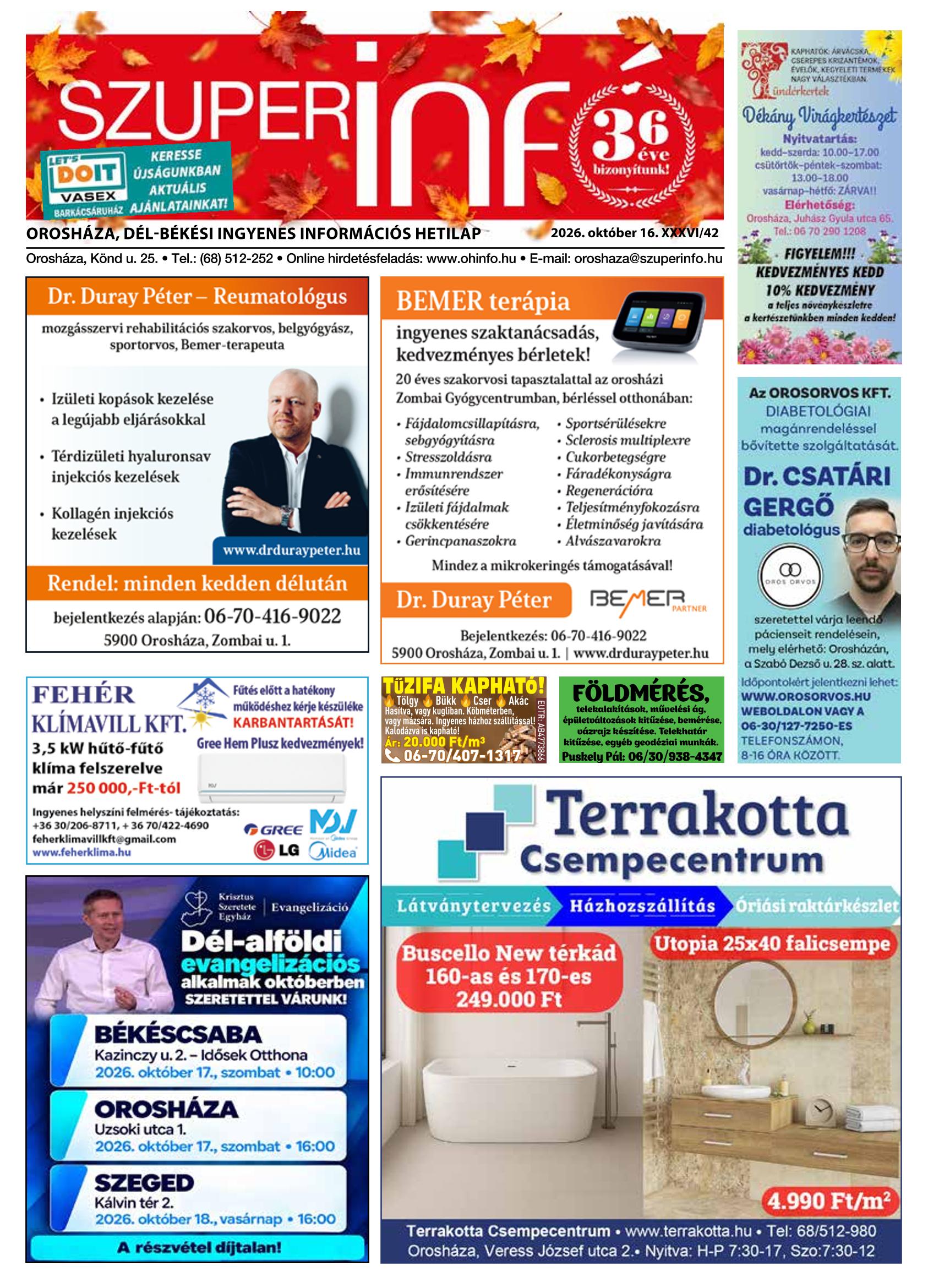 Orosháza, Dél-Békési Szuperinfó - 2026. 10. 16.