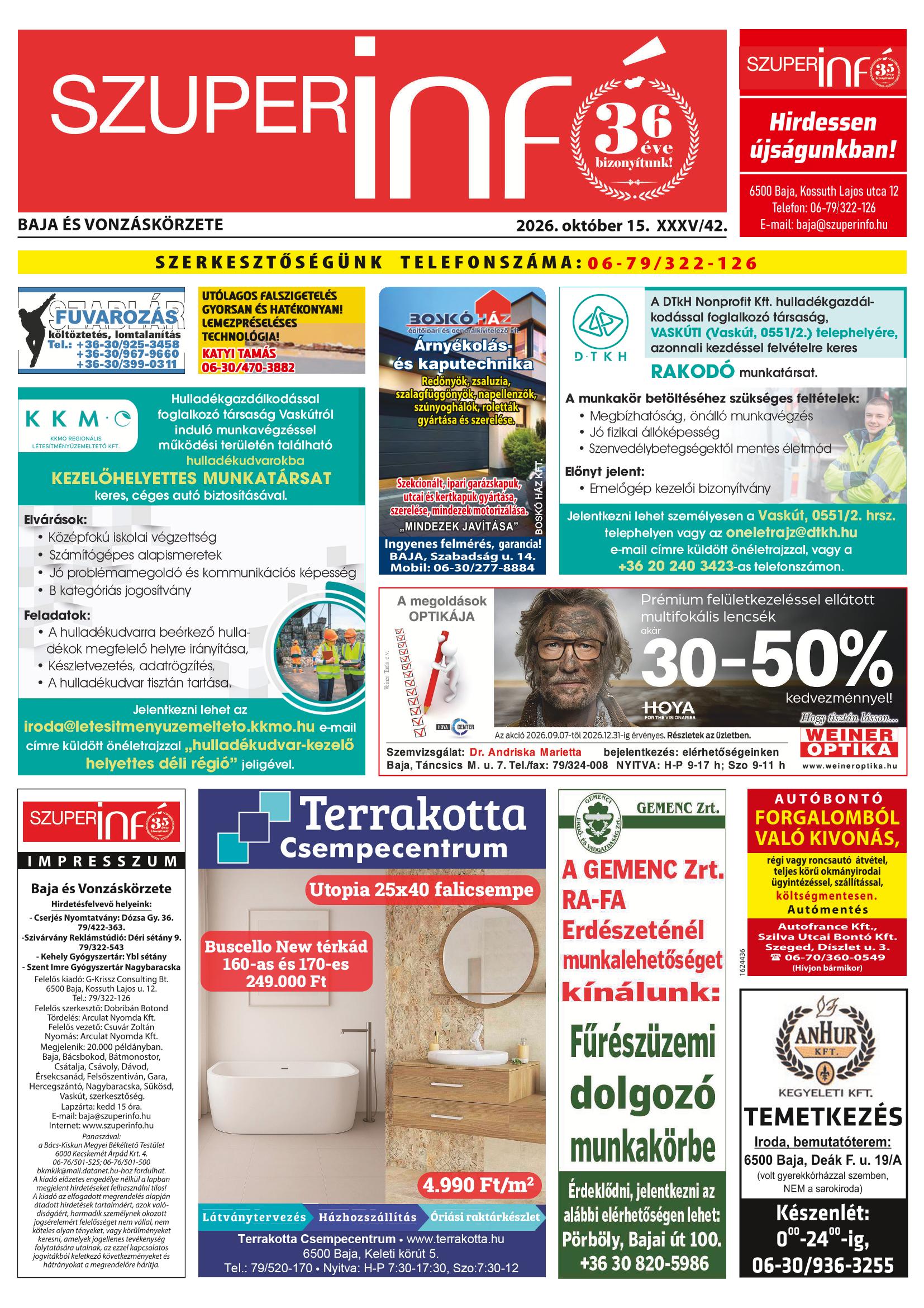 Baja és Vonzáskörzete Szuperinfó - 2026. 10. 15.