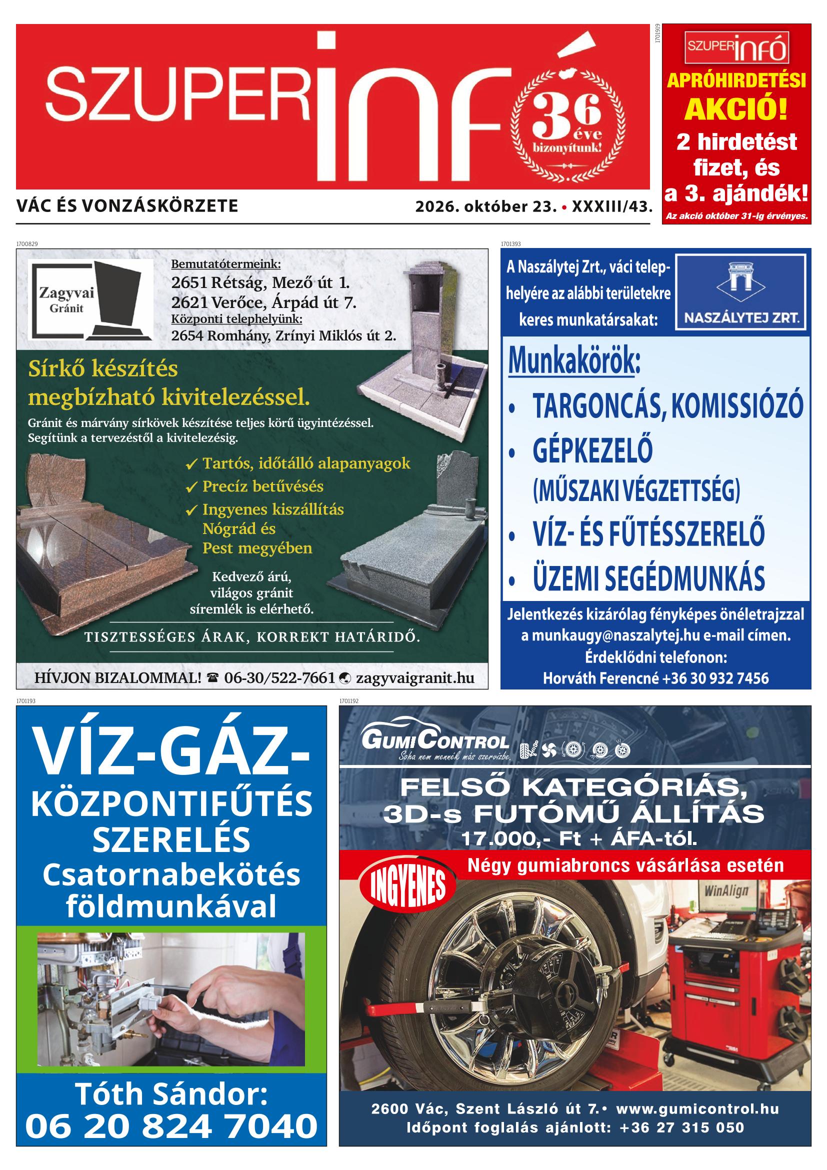 Vác és Vonzáskörzete Szuperinfó - 2026. 10. 23.