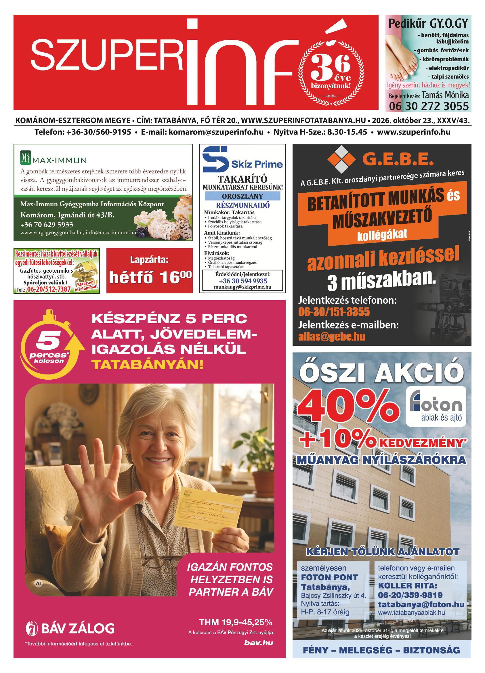Komárom-Esztergom Megye Szuperinfó - 2026. 10. 23.