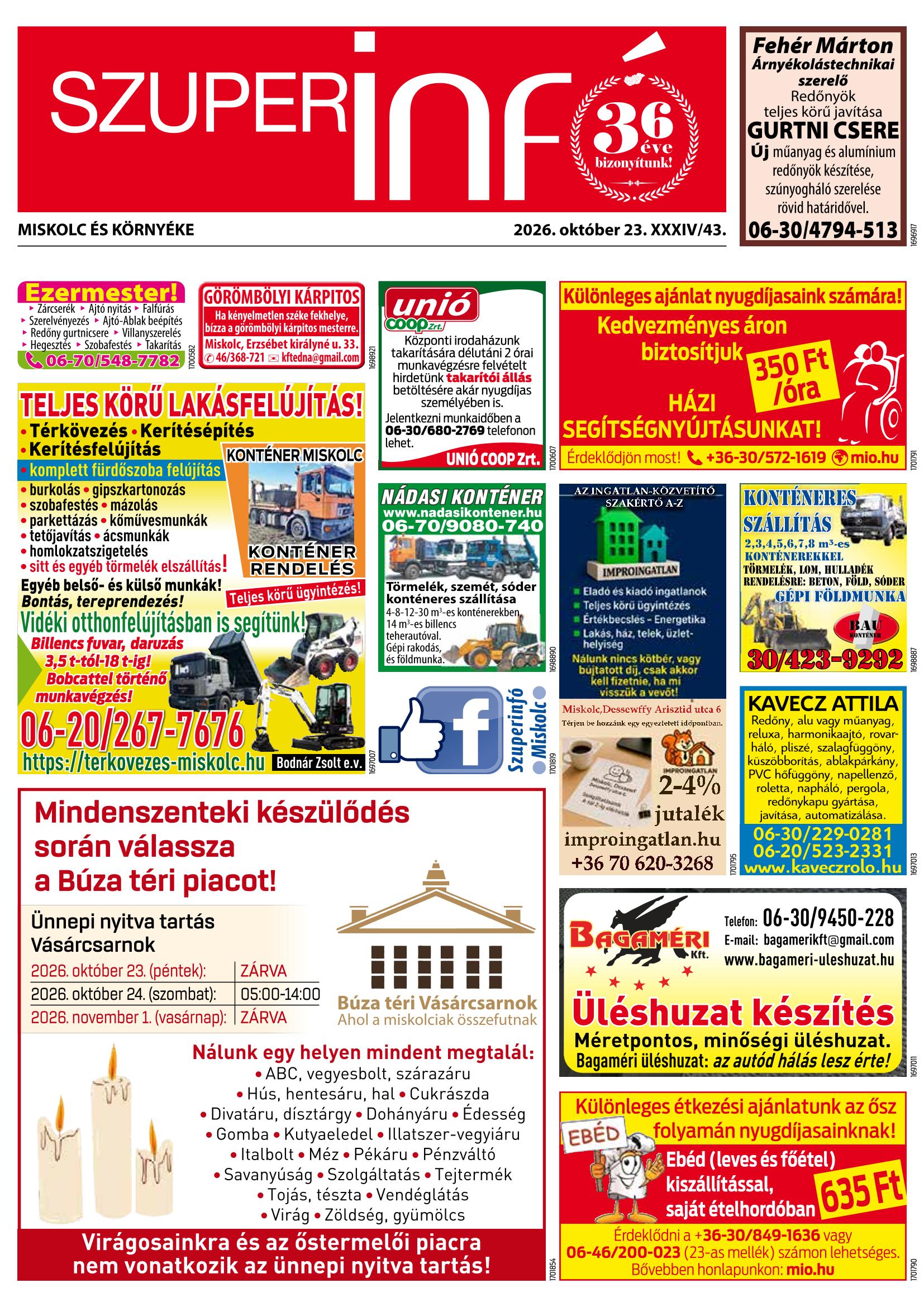 Miskolc és Környéke Szuperinfó - 2026. 10. 23.