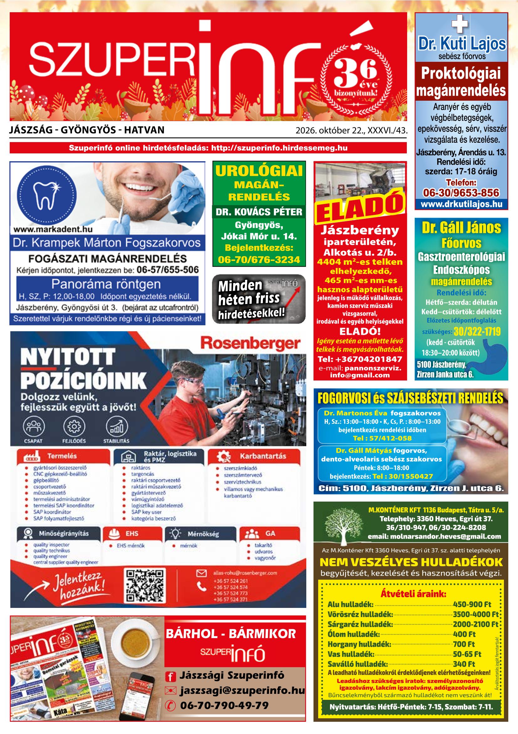 Jászság-Gyöngyös-Hatvan Szuperinfó - 2026. 10. 22.