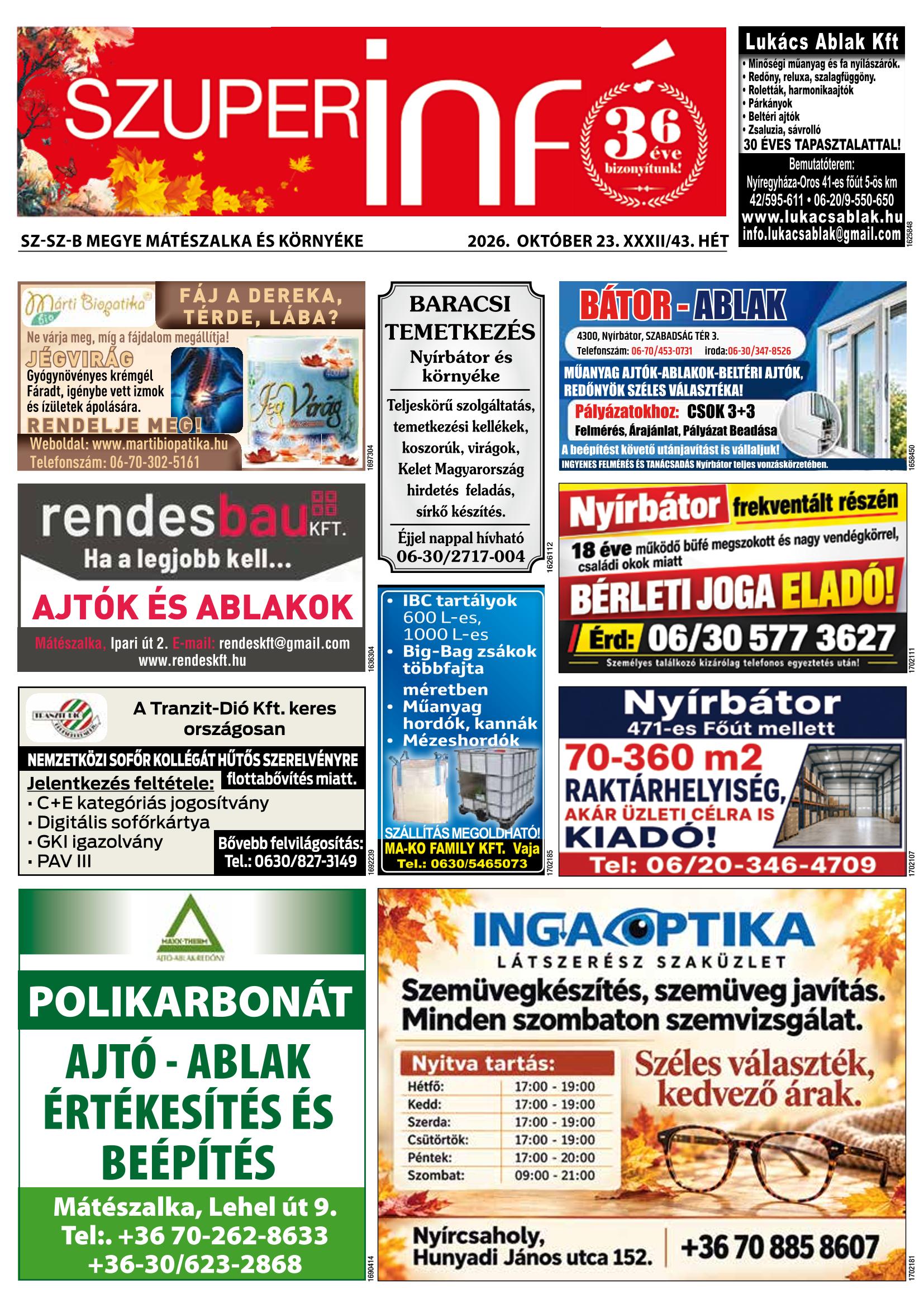 Sz-Sz-B Megye Mátészalka és Környéke Szuperinfó - 2026. 10. 23.