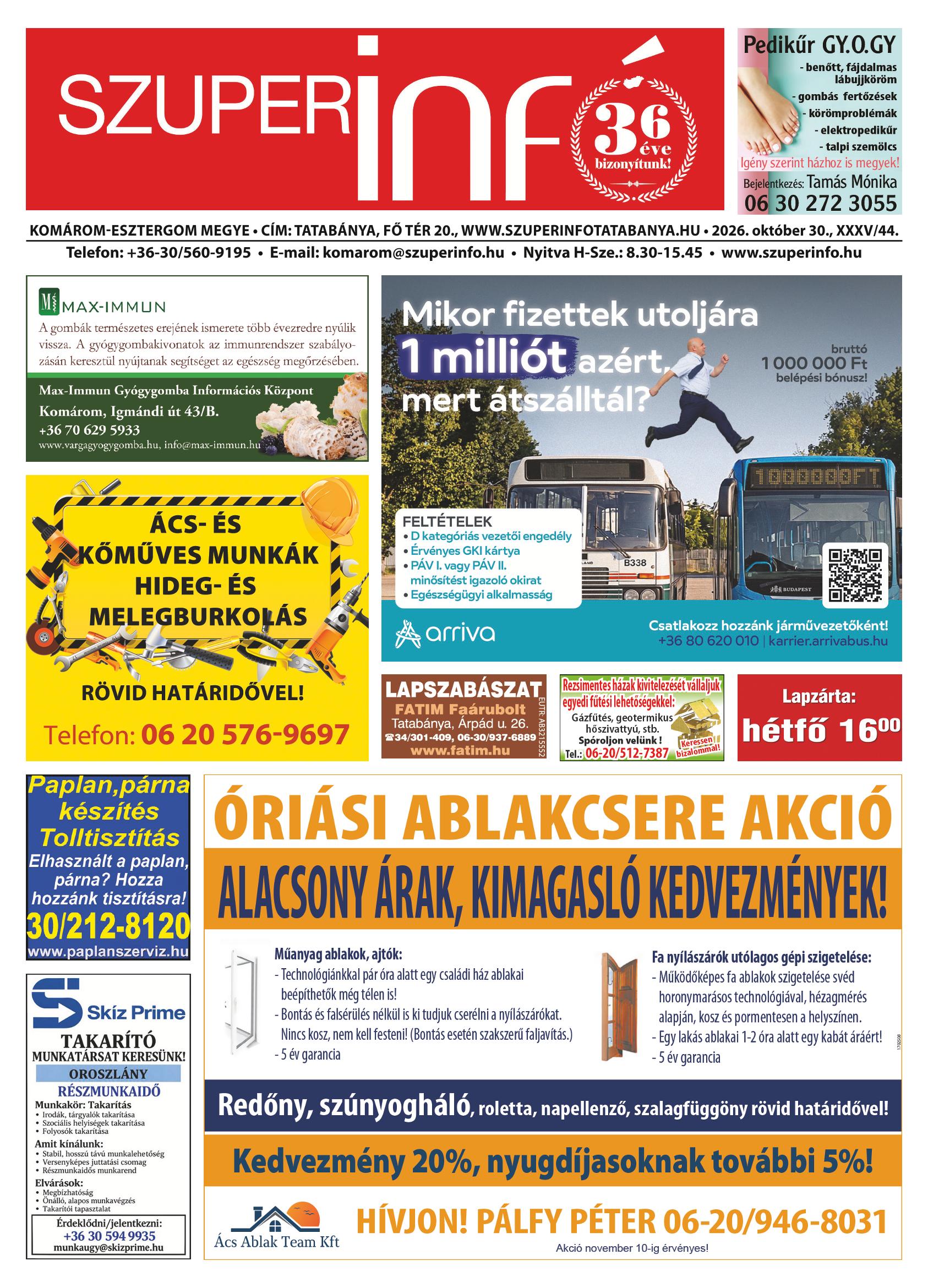 Komárom-Esztergom Megye Szuperinfó - 2026. 10. 30.