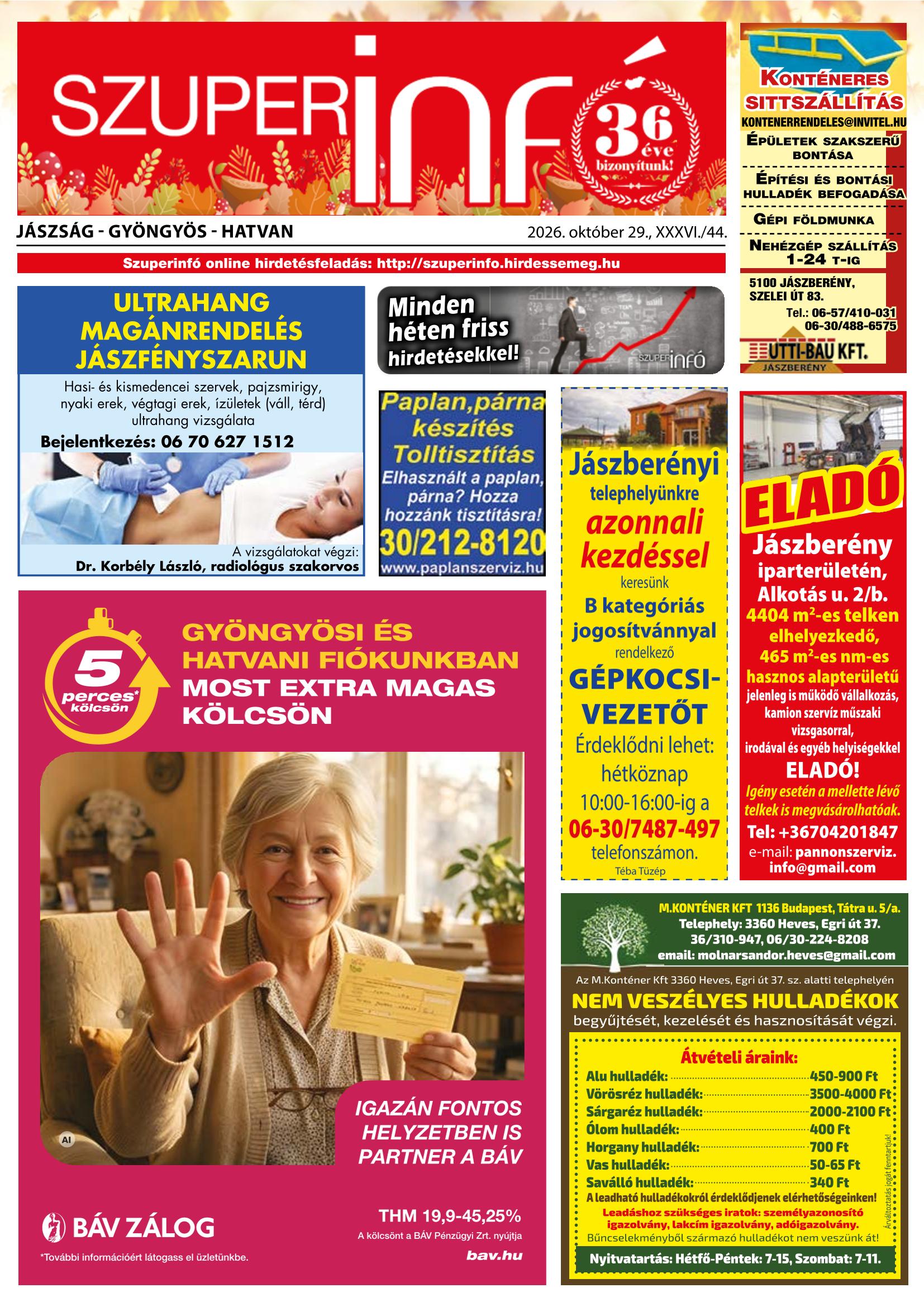 Jászság-Gyöngyös-Hatvan Szuperinfó - 2026. 10. 29.