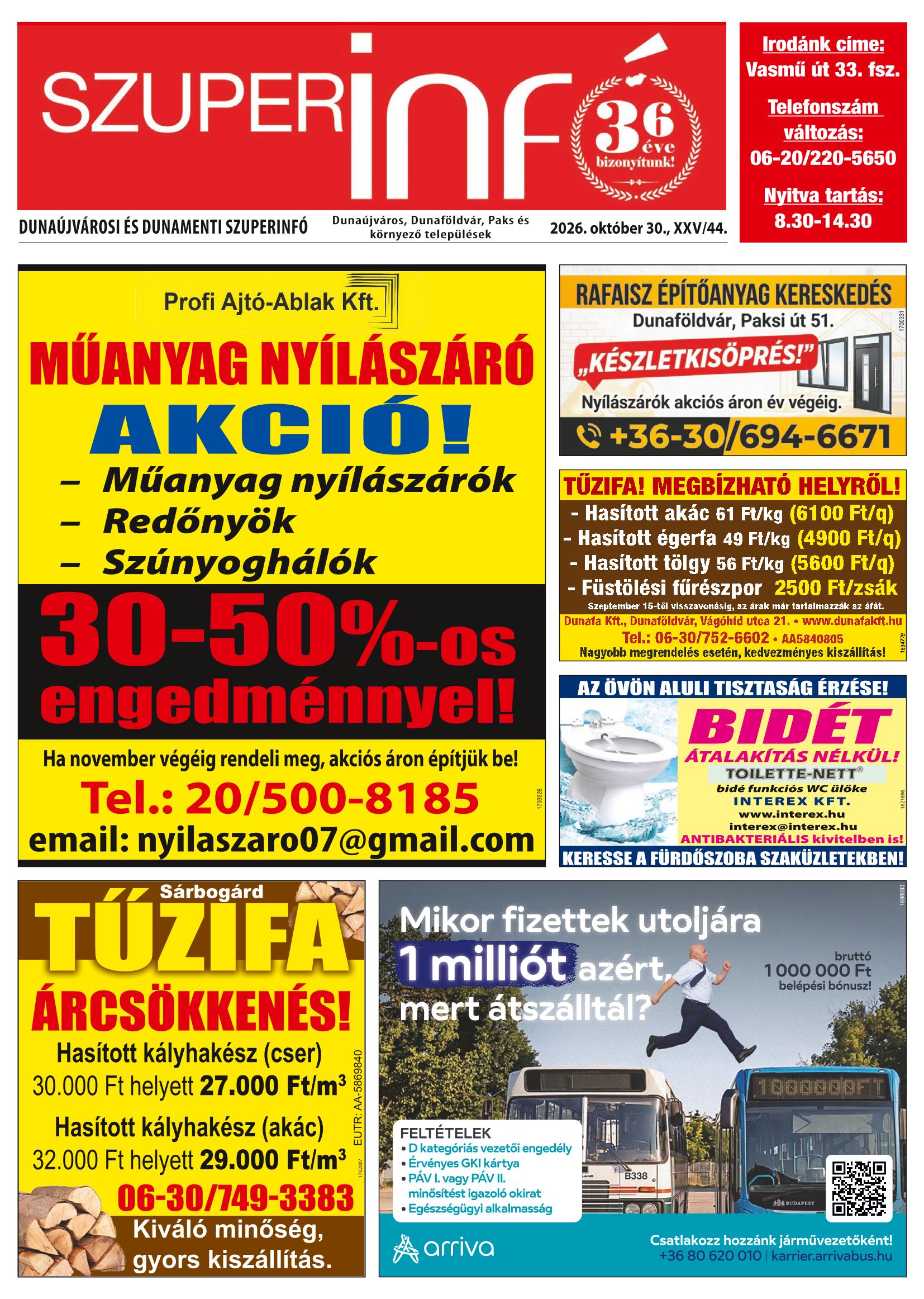 Dunaújvárosi és Dunamenti Szuperinfó - 2026. 10. 30.