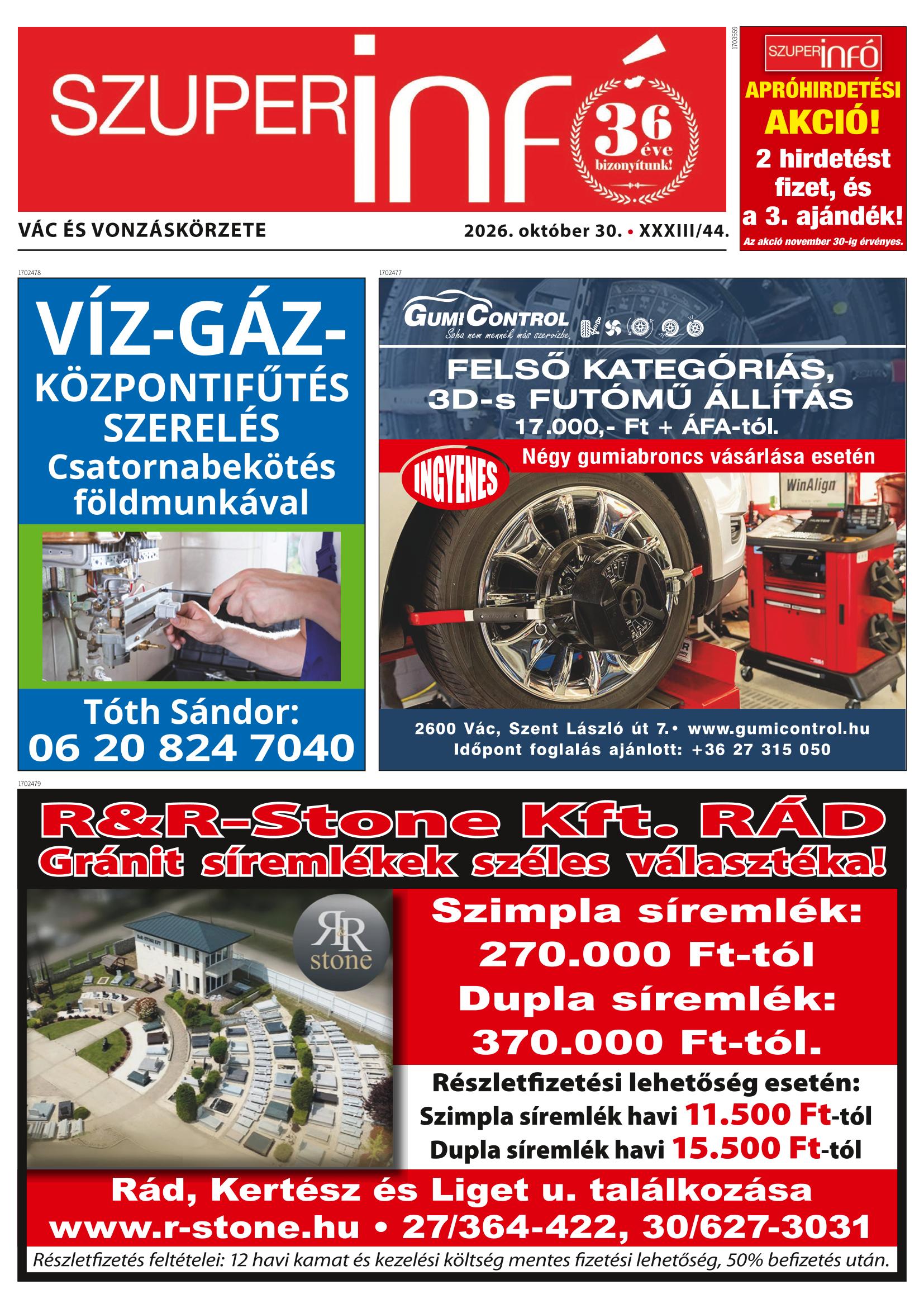 Vác és Vonzáskörzete Szuperinfó - 2026. 10. 30.