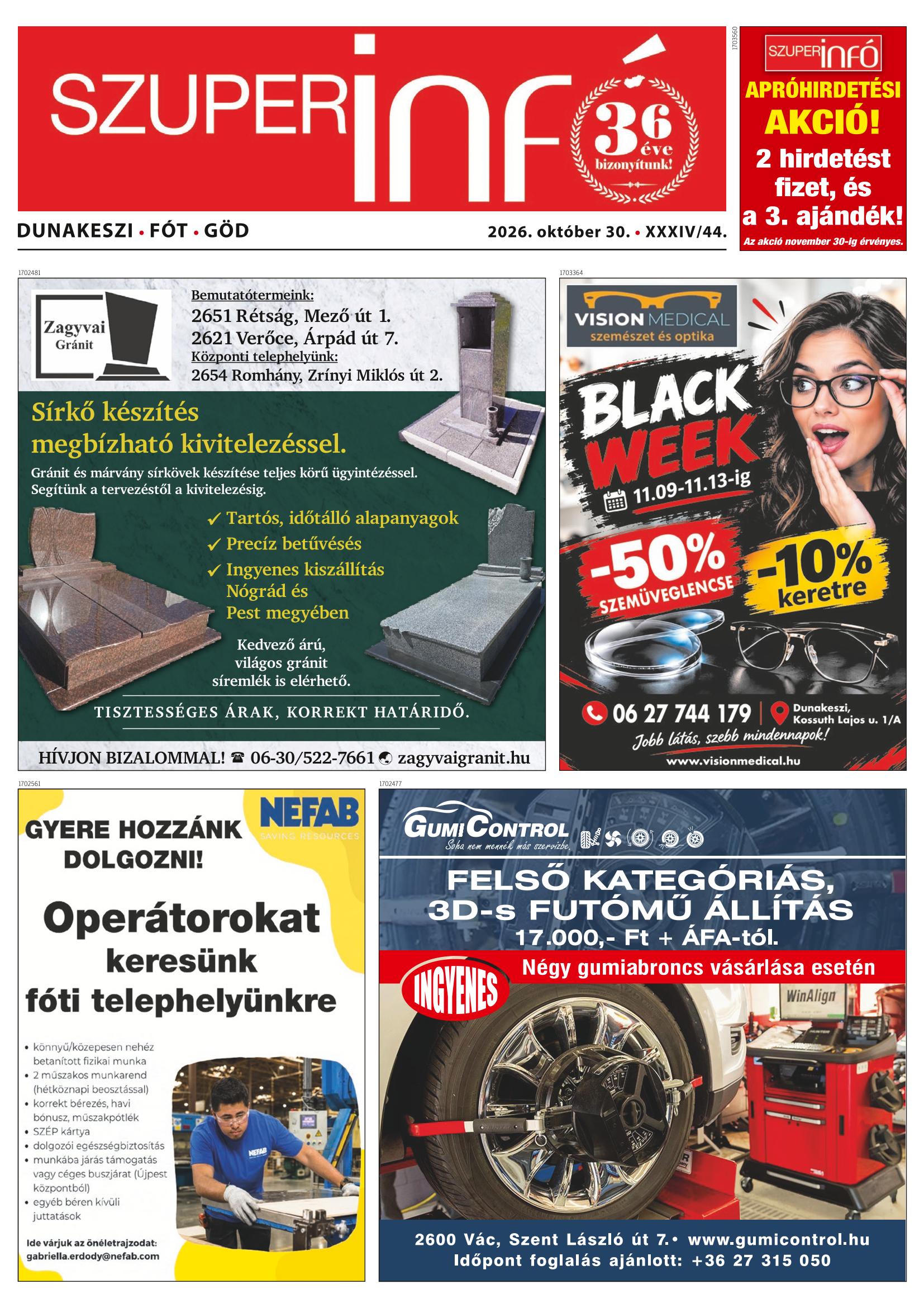 Dunakeszi Fót Göd Szuperinfó - 2026. 10. 30.